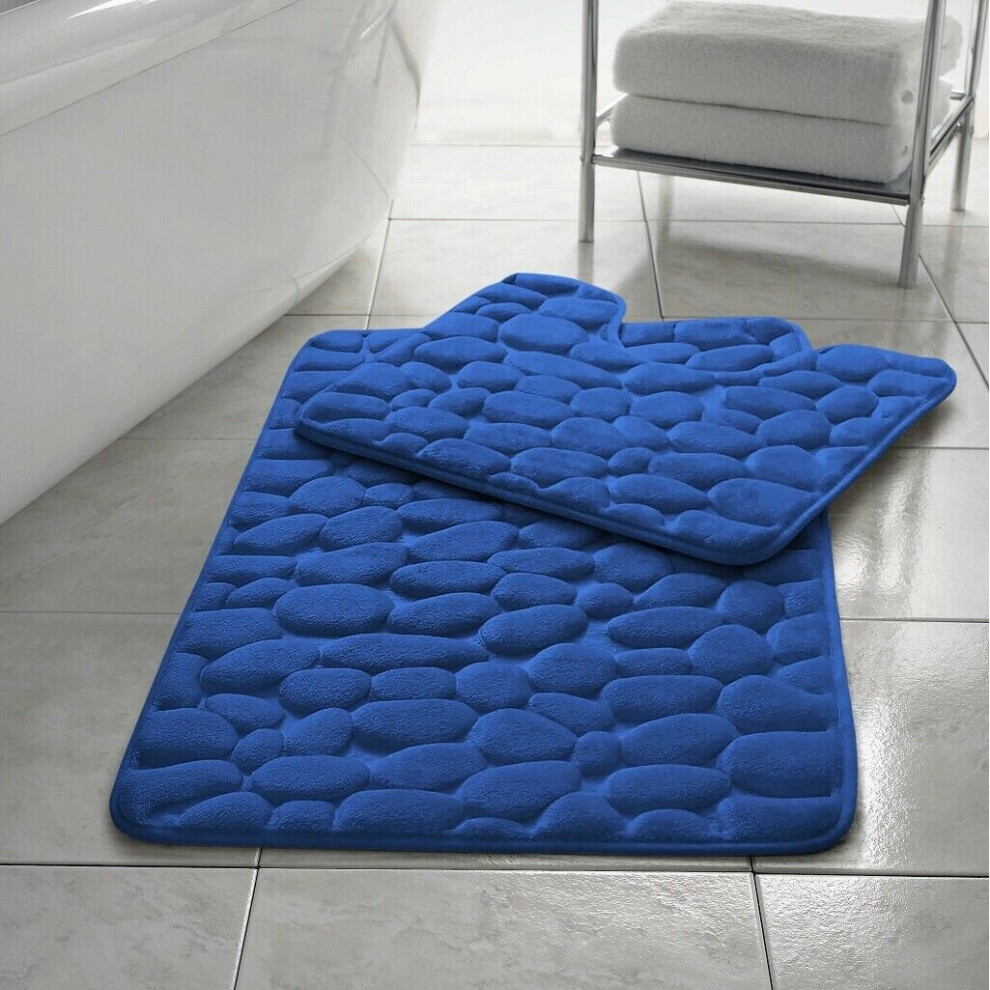 (Blue) Pebble Stone Memory Foam Bath Mat Set Non