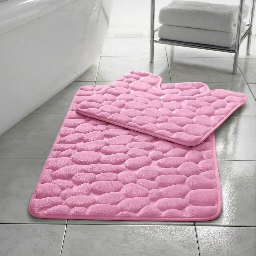 (Pink) Pebble Stone Memory Foam Bath Mat Set Non