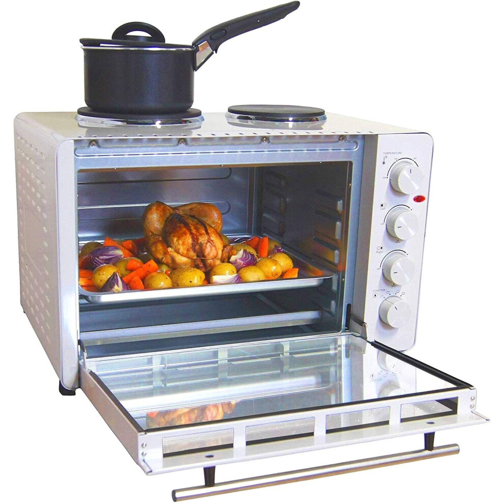 Igenix IG7145 Mini Oven with Electric Double Hotplate Hob, Ideal for Roasting, 45 Litre, White