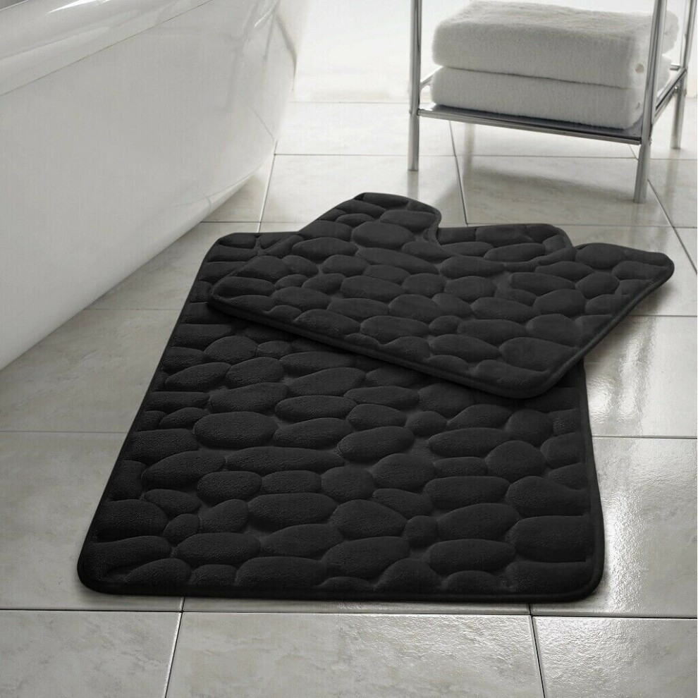 (Black ) Pebble Stone Memory Foam Bath Mat Set Non
