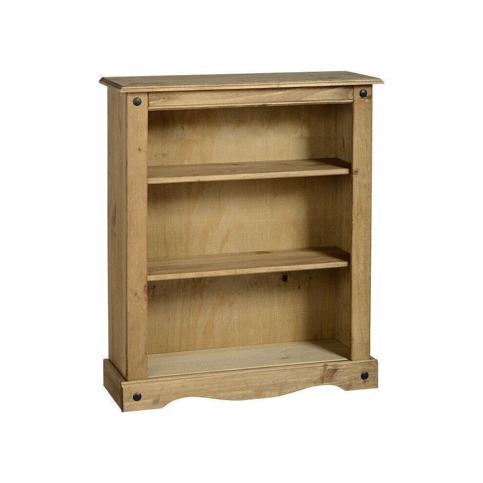 Seconique Corona Low Wide Bookcase With 3 Shelves - Waxed Mexican Pine