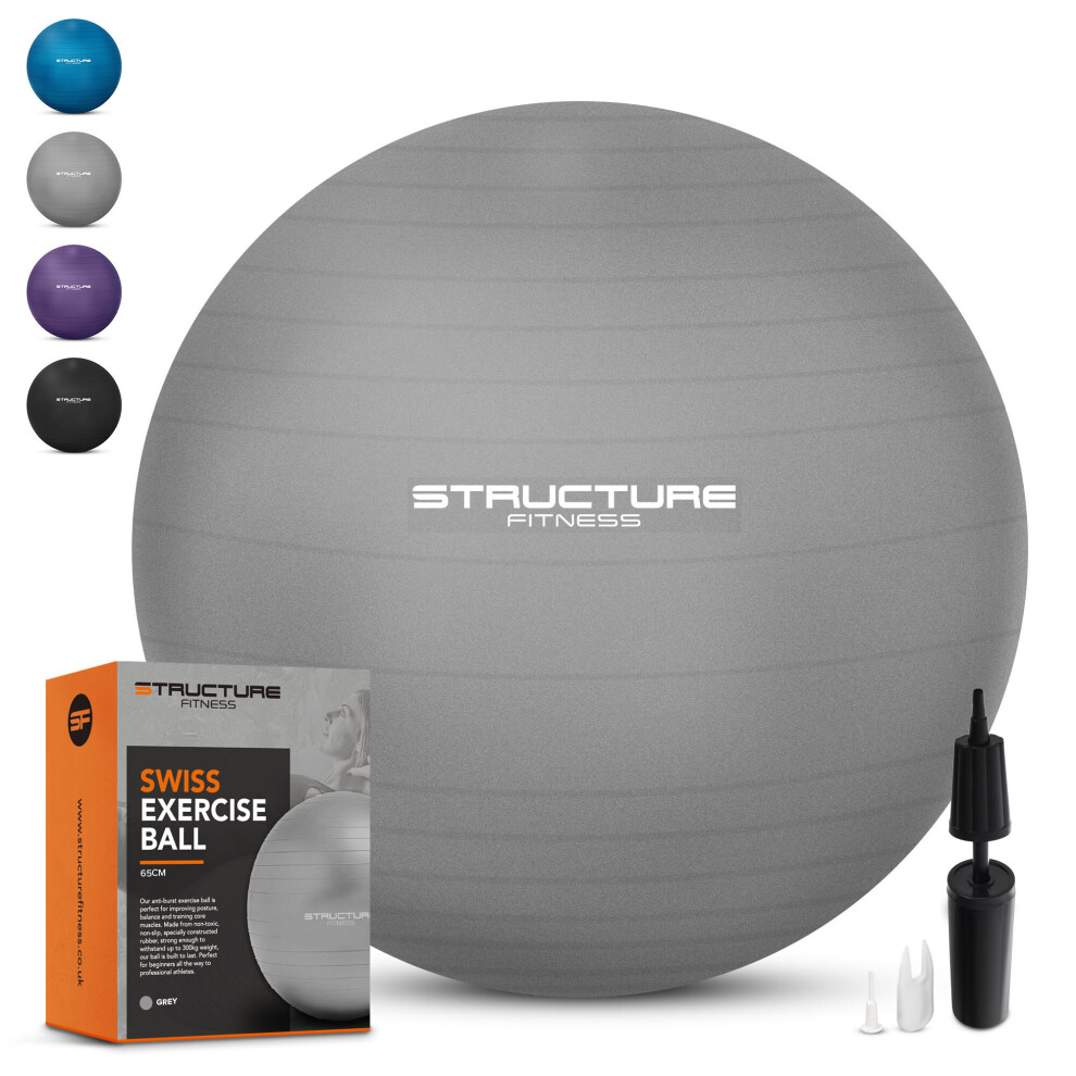(65CM, Grey Silver) Structure Fitness Anti Burst Yoga Exercise Gym Ball with Hand Pump 65 & 75cm Core Abs Mobility Toning 