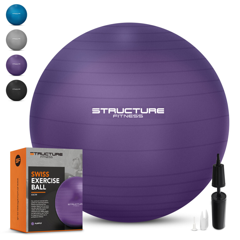 (65CM, Purple) Structure Fitness Anti Burst Yoga Exercise Gym Ball with Hand Pump 65 & 75cm Core Abs Mobility Toning 