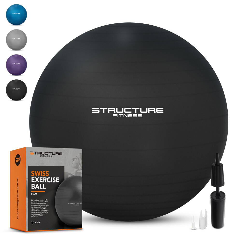(65CM, Black) Structure Fitness Anti Burst Yoga Exercise Gym Ball with Hand Pump 65 & 75cm Core Abs Mobility Toning
