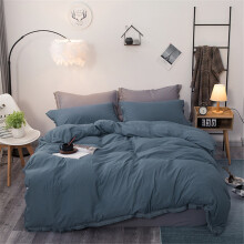 (Blue, Single) Plain Solid Color Washed Cotton Duvet Cover Set with Tassels Fringe, Bedding Sets with Zipper Closure and Corner Ties