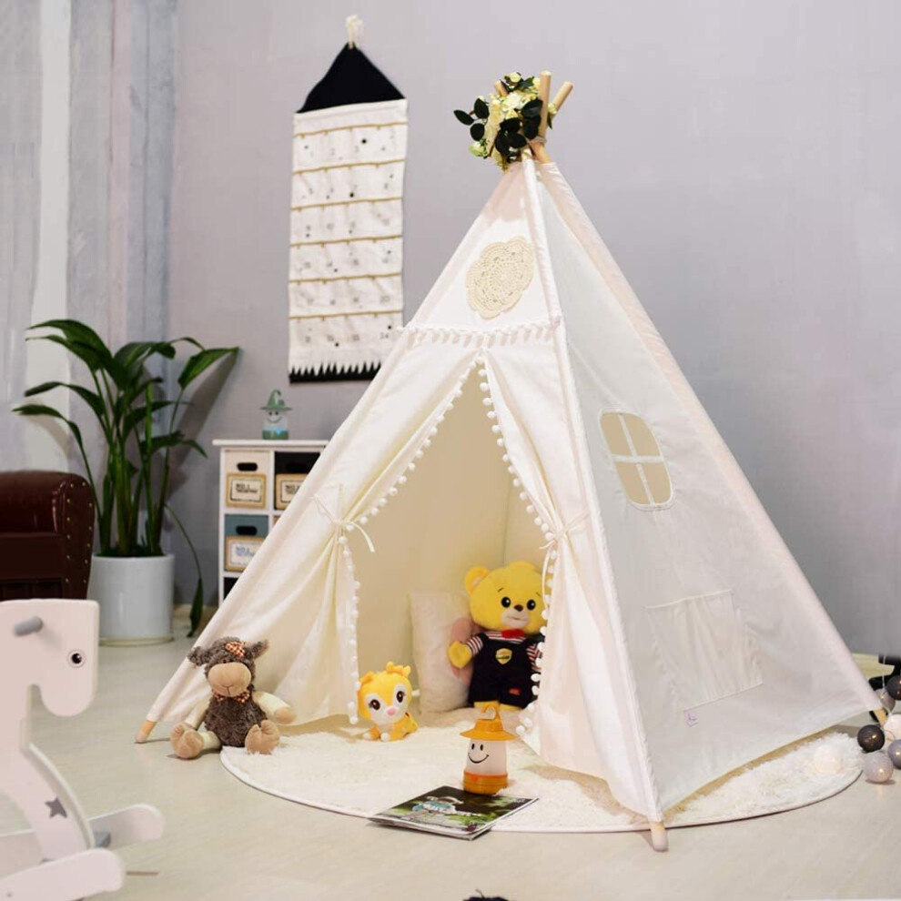 (White Flower) Kids Teepee Play Tent Cotton Canvas Indian Tipi