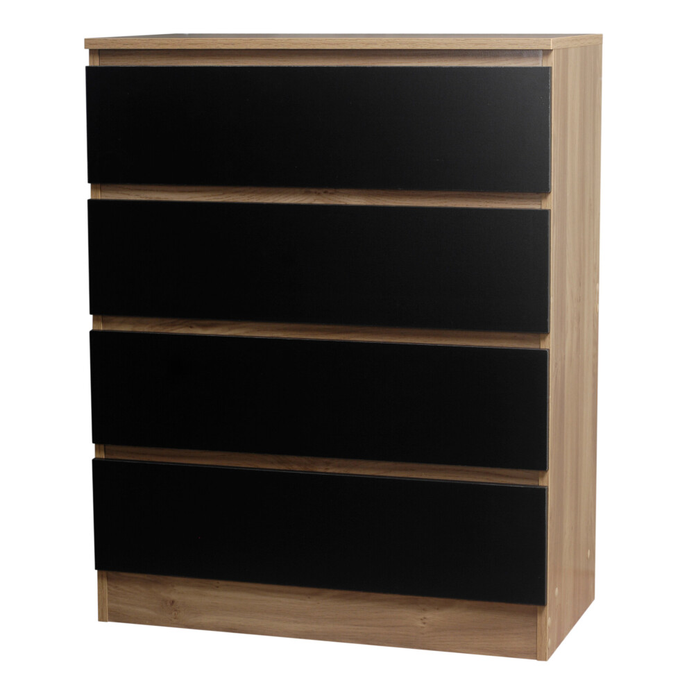 (Oak/Black) 4 Drawer Wooden Bedroom Chest Cabinet No Handles