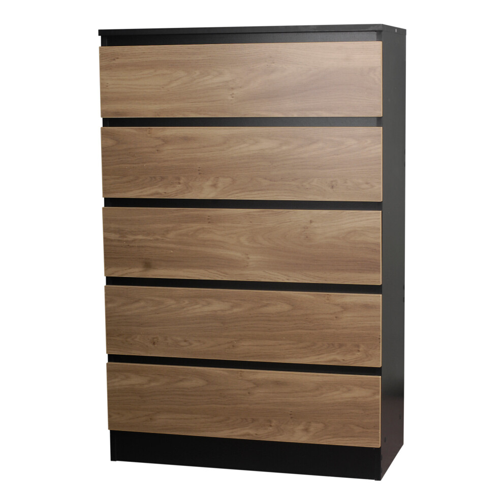 (Black/Oak) 5 Drawer Wooden Bedroom Chest Cabinet No Handles