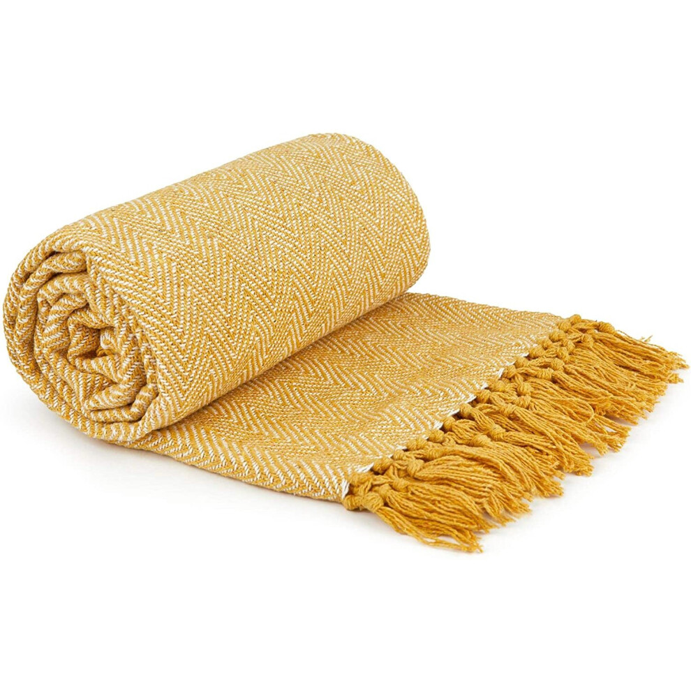 Herringbone Throw 90x100" Ochre Recycled Cotton Blanket Throwover