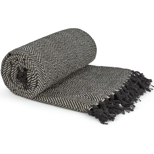Herringbone Throw 50x60" Black Recycled Cotton Blanket Throwover