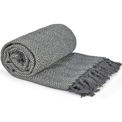 Herringbone Throw 50x60" Silver Recycled Cotton Blanket Throwover