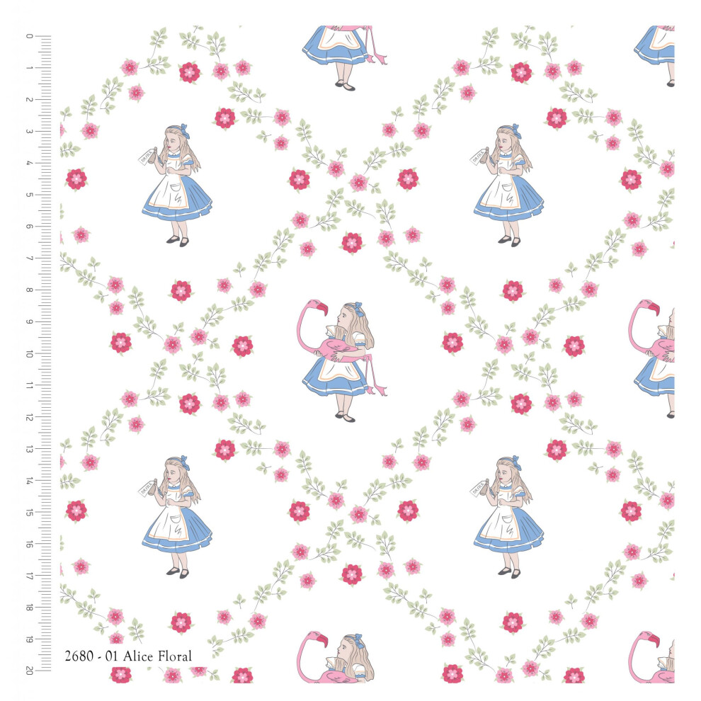 Visage Fat Quarter Alice In Wonderland On Floral Flamingo 100% Cotton Quilting Fabric Multicoloured
