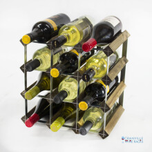Classic 12 bottle walnut stained wood / galvanised metal wine rack
