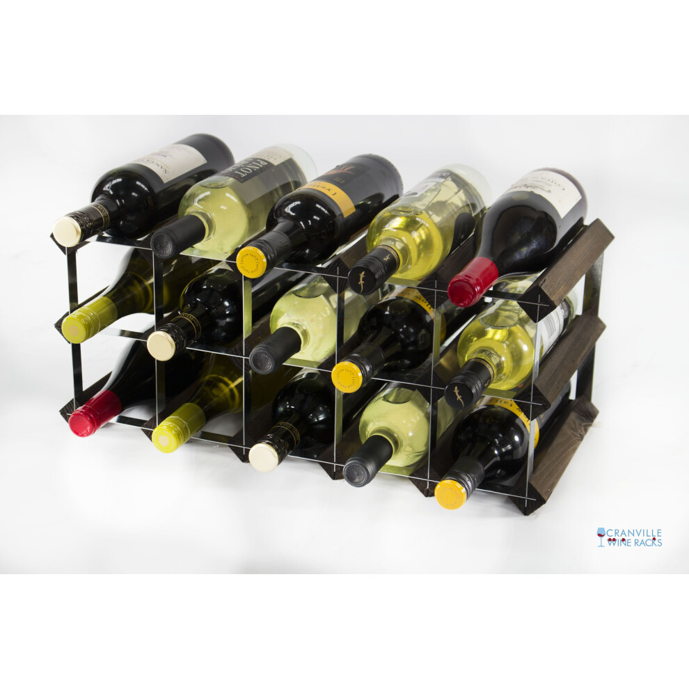 Classic 15 bottle dark oak stained wood and galvanised metal wine rack self assembly