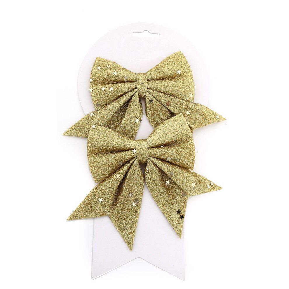 Carousel Pack Of 2 Gold Glitter Present Bow Decorations - Christmas Tree Bows