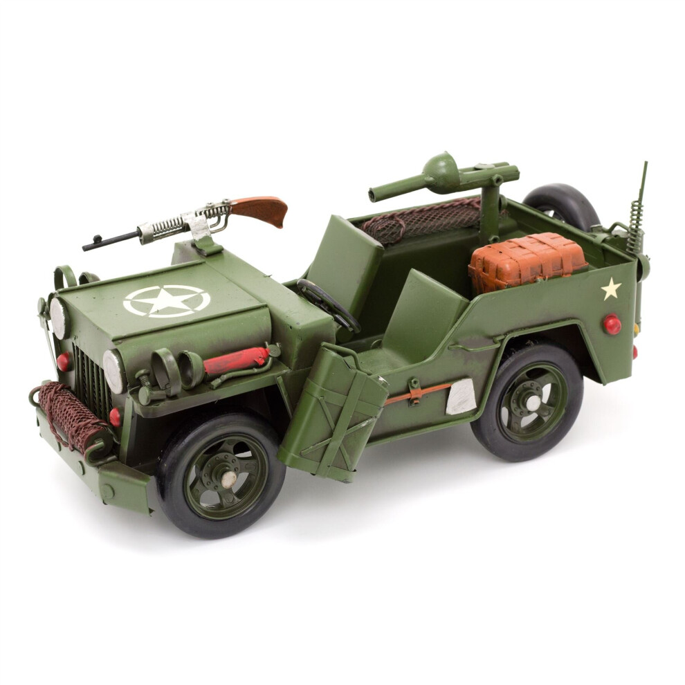 Retro Green Army Jeep Vintage Tin Model | Retro Metal Military Truck Vehicle Ornament | Home Office Decoration - 30cm