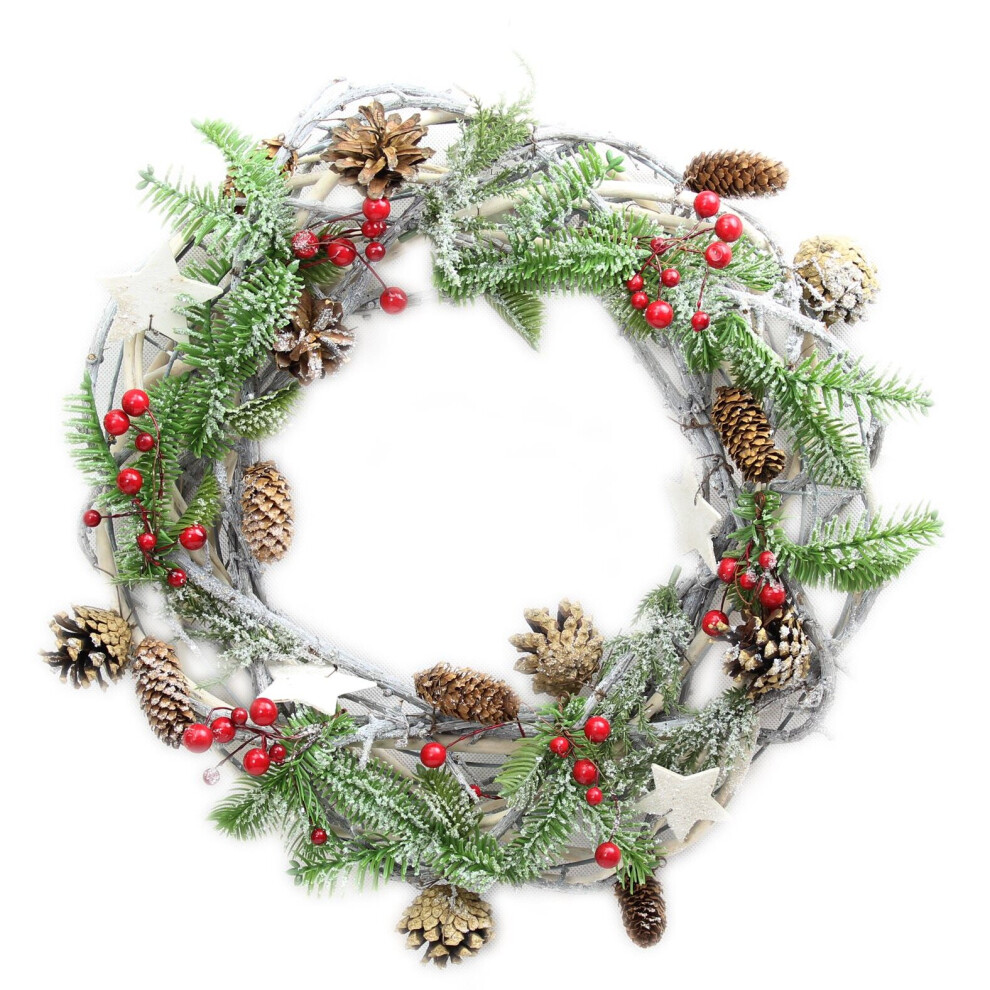 Carousel Rustic Frosted Pine Cone Star And Berry Christmas Wreath Decoration