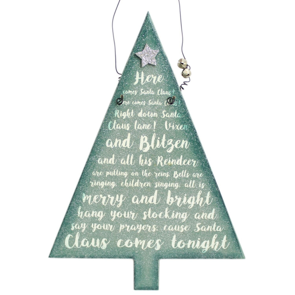 Hanging Frosty Glitter Christmas Tree Song Plaque Decoration ~ Here Comes Santa Claus