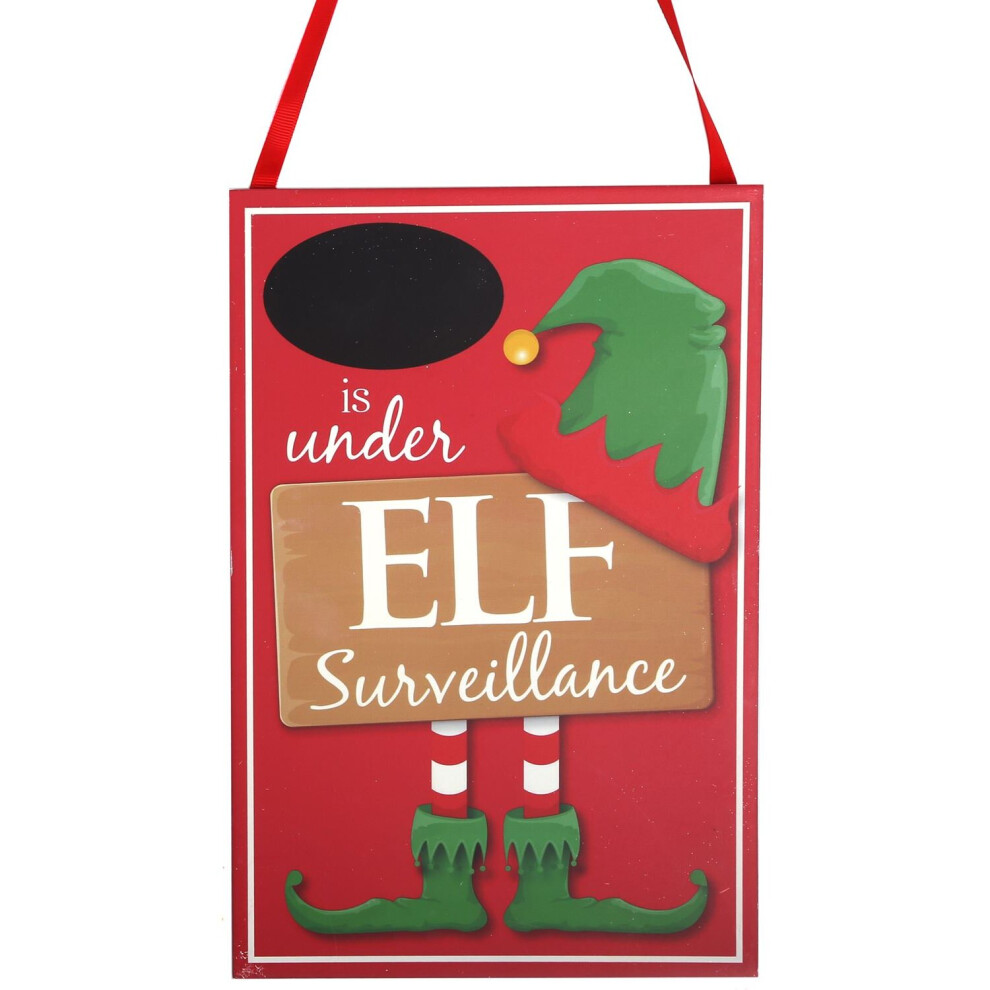 Hanging Wooden Elf Surveillance Plaque Christmas Sign - Red
