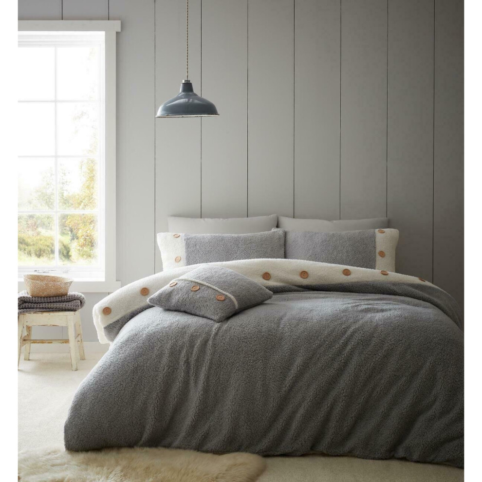 (Double) Catherine Lansfield Duvet Cover Set So Soft 2 Tone Buttoned Sherpa Grey