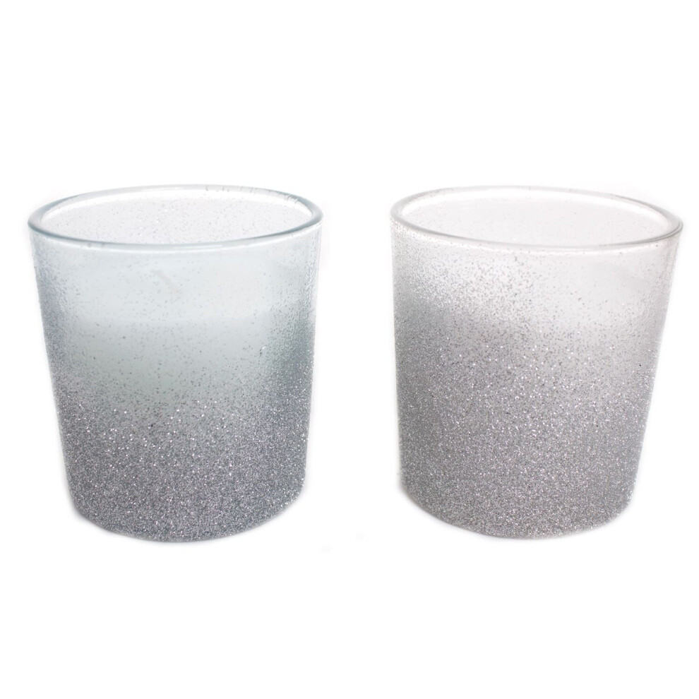 Glass Glitter Christmas Candle Pot Table Decoration 7cm x 7.5cm - Colours Vary