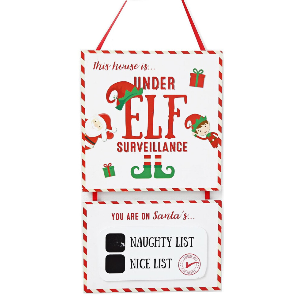 Carousel Christmas Elf Surveillance Naughty Nice List Chalk Board Hanging Wall Plaque Sign