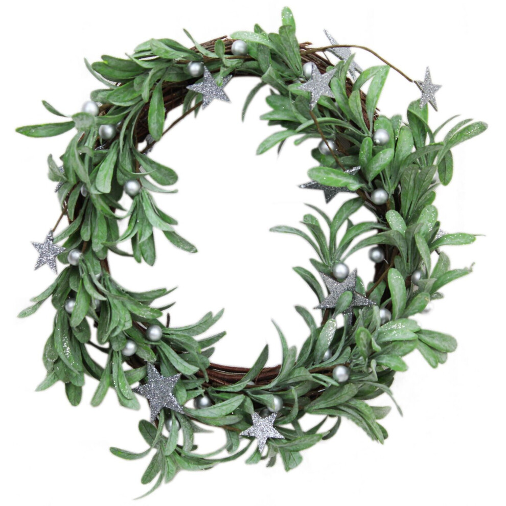 Carousel Festive Christmas Glitter Star Mistletoe Door Wreath 36Cm Silver