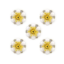 HAND White Enamel, Brass and Diamante Flower Sew-On Trims - Embellishments for Clothing, Accessories - Pack of 5