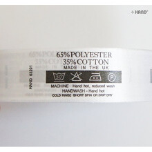 Fabric Printed Wash Care Labels 65% POLYESTER 35% COTTON, 50 Degree 1 Bar, DO NOT BLEACH, 2 Dots Iron, Tumble Dry, 20mmWx67mmL, Roll of 2000 Labels
