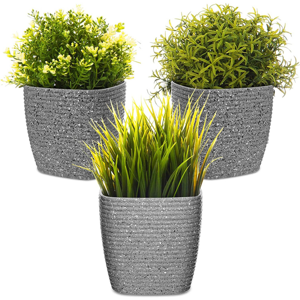 (Grey) LIVIVO 3Pc Flower Plant Pot Embossed Stripe Design Indoor Outdoor