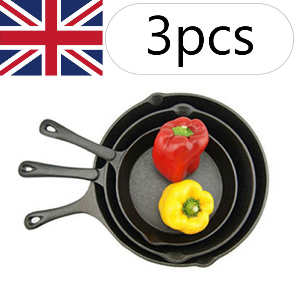 3Pcs Set CAST IRON Non-Stick Frying Griddle Pan Fry BBQ Skillets