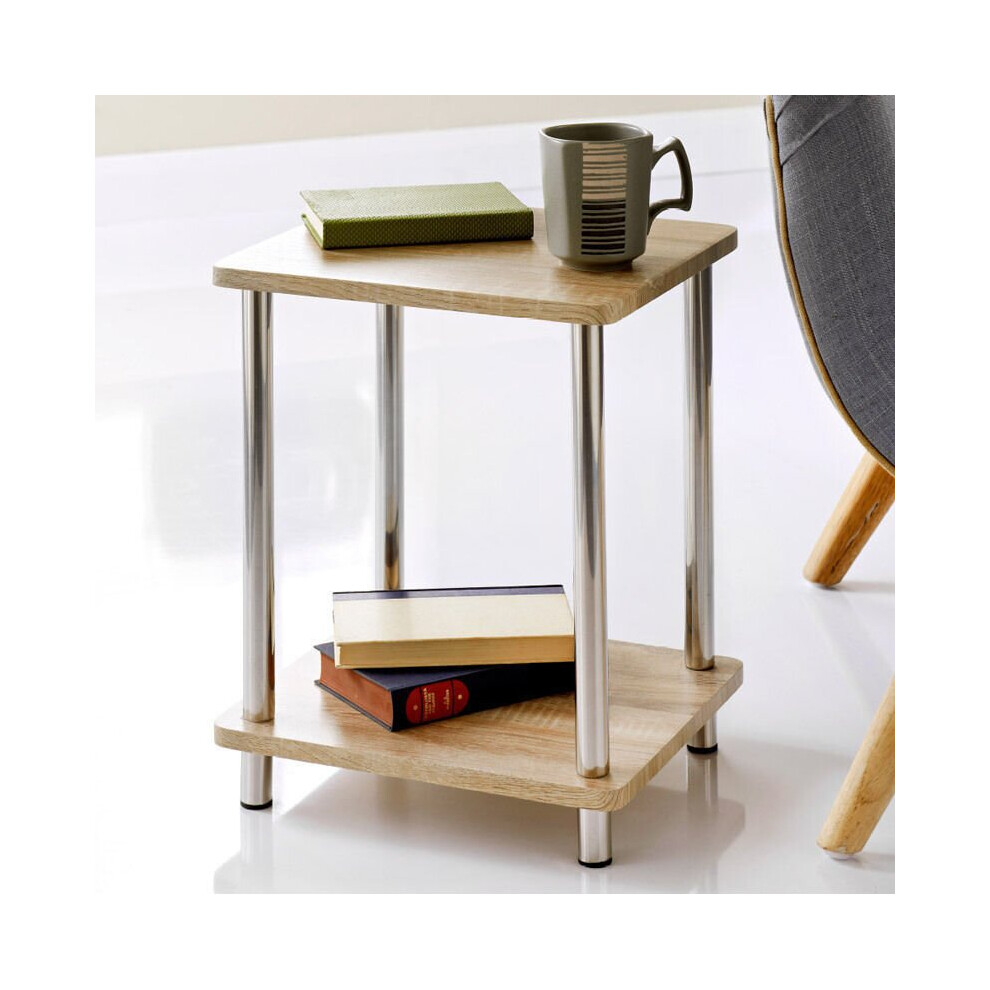 Stylish Oak Effect 2 Tier Shelves Table with Stainless Steel Legs G-0126