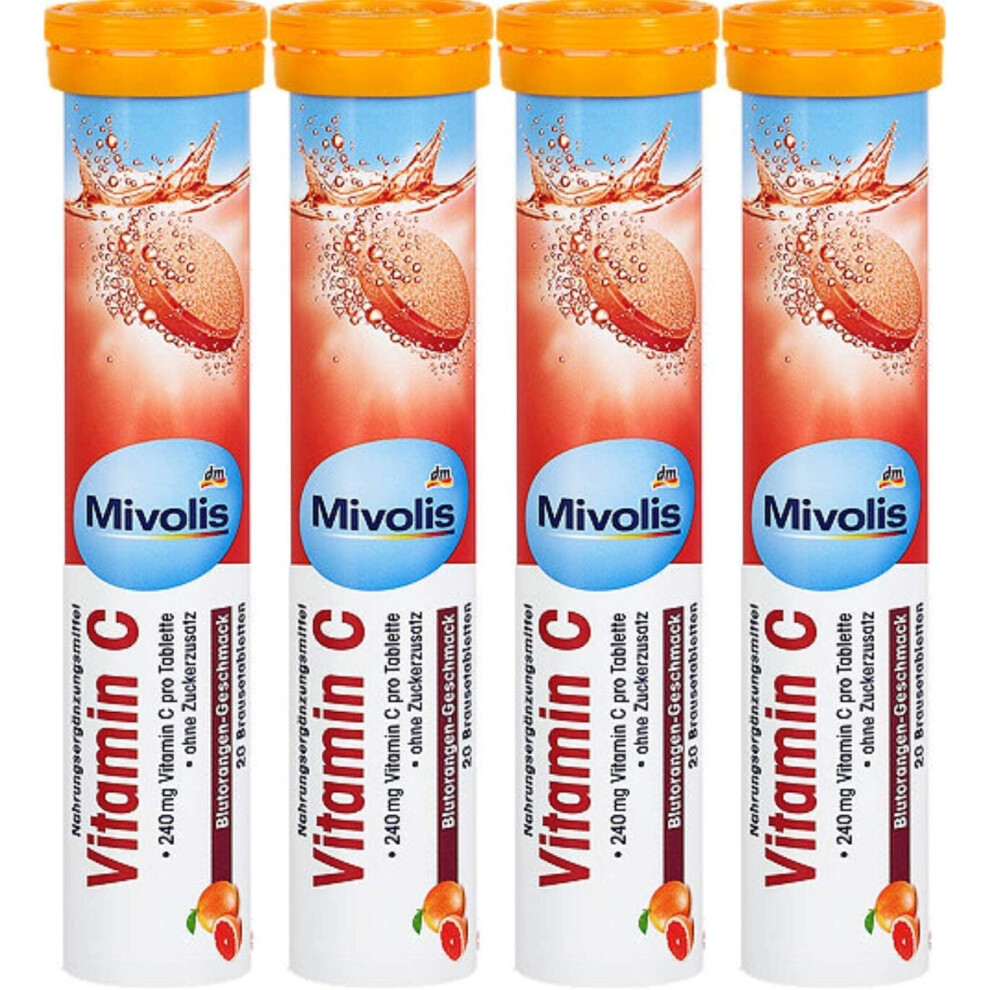 Mivolis Vitamin C Effervescent Tablets Blood Orange Flavor - Sugar-Free - 240 Mg Per Tablet - Immune Support - Vegan Gluten-Free - 80 Tablets