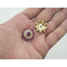 HAND Set of 3 Pretty Magenta and Clear Crystal Buttons in a Metal Setting - 20 mm Diameter