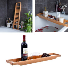 Natural Bamboo Bath Caddy Bridge Rack Fits Most Bathtubs, Durable and Spacious Tray for Snacks, Wine and Phone