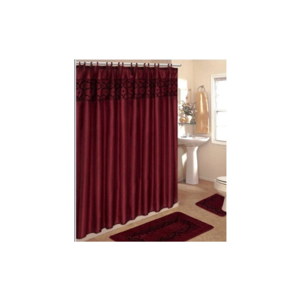 Ensemble de tapis de salle de bain 4 pi?ces / 2 tapis de bain floqu?s bordeaux avec rideau de douche en tissu et tapis/anneaux assortis