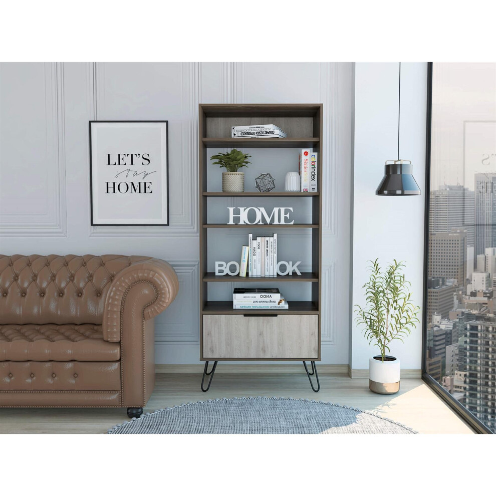 Tall Bookcase 5 Tier Display Cabinet 1 Door Storage Cupboard Dark Grey Oak