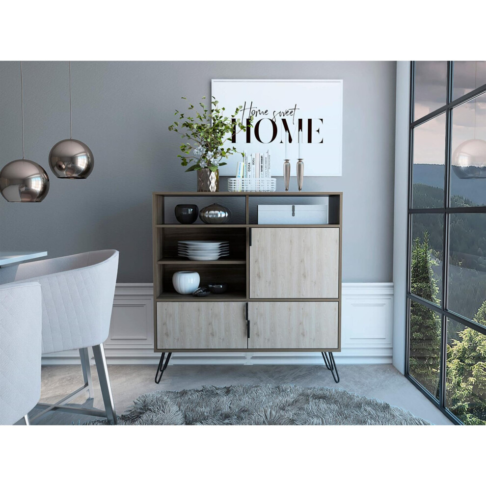 Tall Sideboard or TV Stand 3 Door Cabinet Cupboard 3 Open Shelves Grey Oak