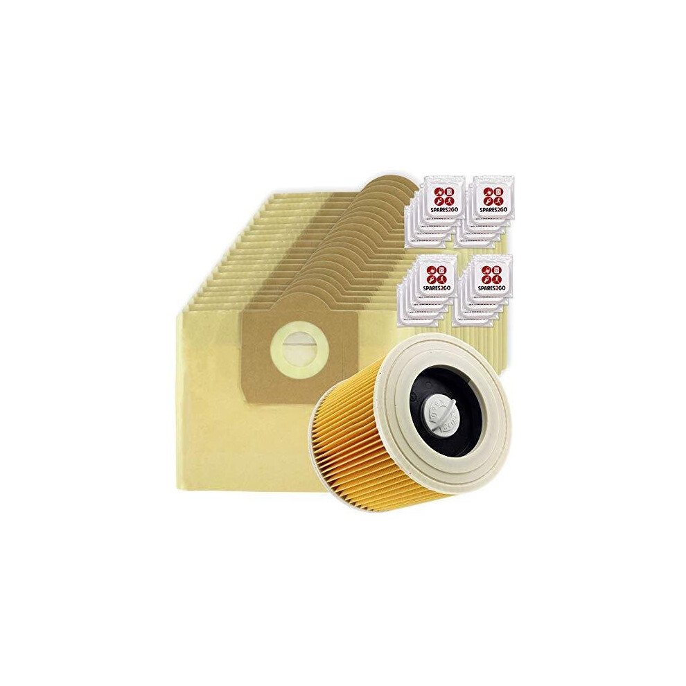 Vacuum Cleaner Dust Bags + Filter Cartridge for Karcher WD3 WD3P MV3 Wet & Dry (Pack of 20 + Filter + Freshener Tabs)
