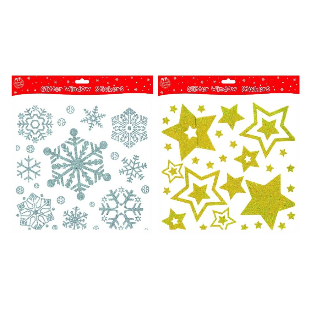 Christmas Xmas Glitter Window Decorations Gold Stars Or Silver Snowflakes Stickers Silver