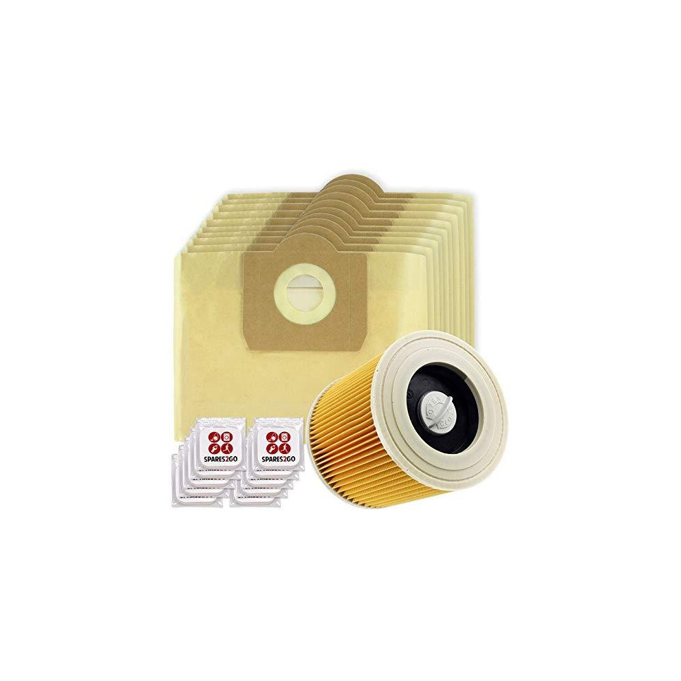 Vacuum Cleaner Dust Bags + Filter Cartridge for Karcher WD3 WD3P MV3 Wet & Dry (Pack of 10 + Filter + Freshener Tabs)