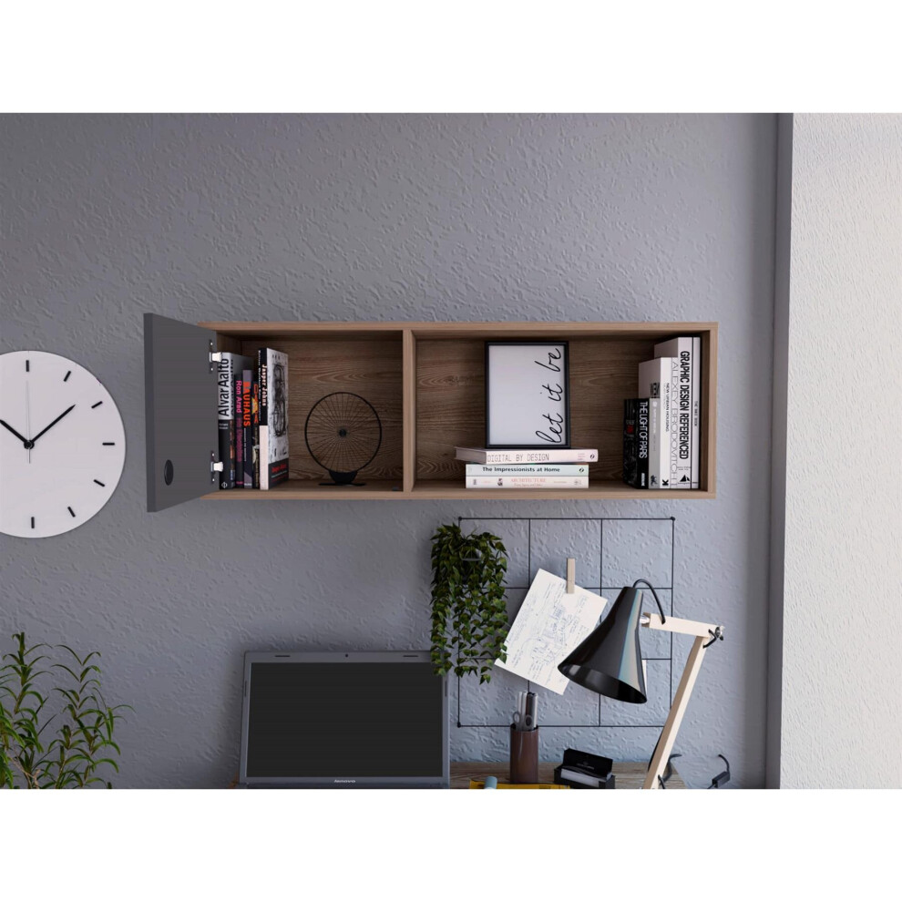 Shelf Storage Unit Wall Mounted With 1 Door 1 Shelf Oak Effect and Grey Finish