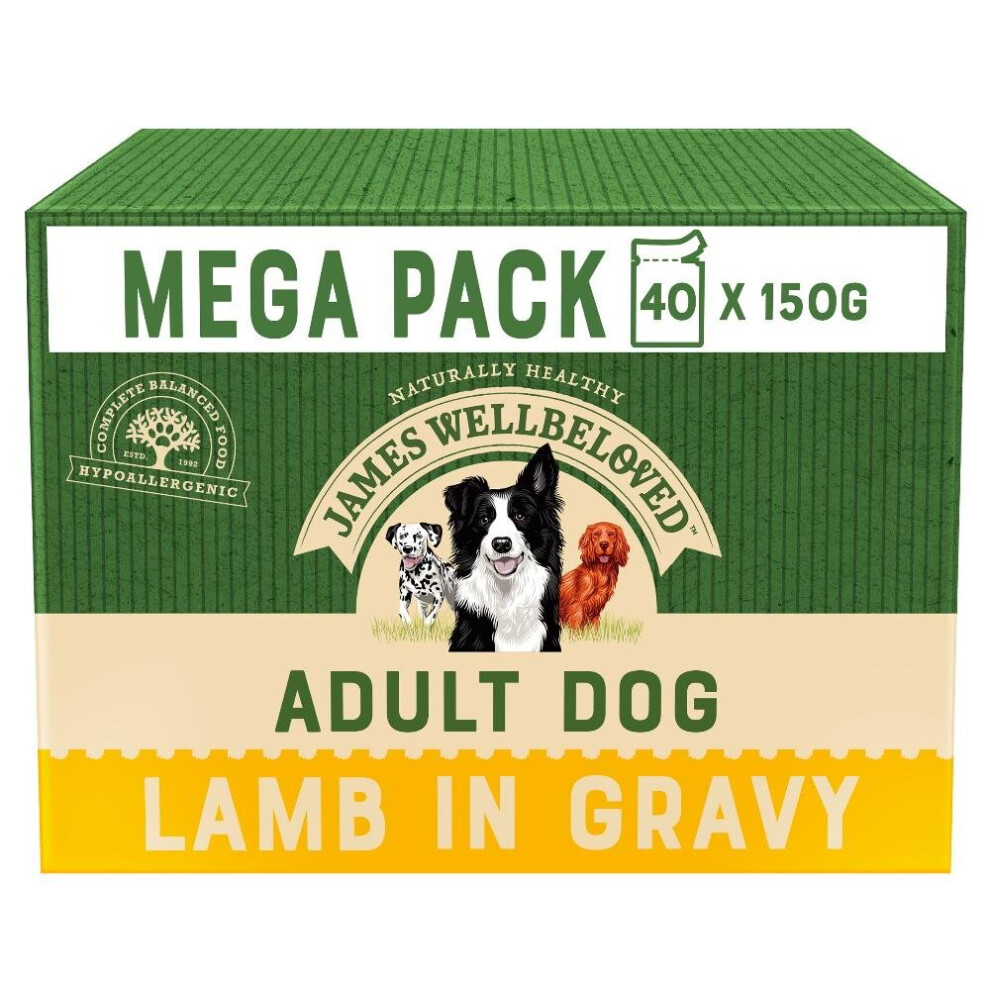 40 x 150g James Wellbeloved Adult Natural Dog Food Pouches Lamb & Rice in Gravy