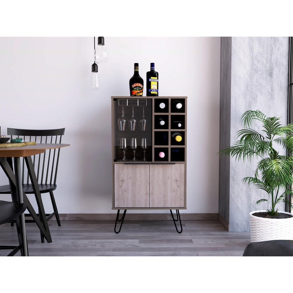 Wine Cabinet Drink Bottle Storage Unit Glass Door 8 Shelves 3 Doors Grey Oak