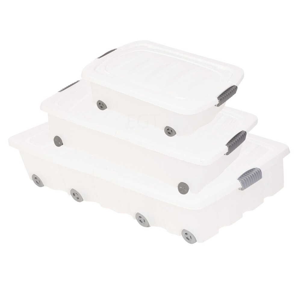 (45L, x5) White Plastic Under Bed Storage Box Wheeled + Lid