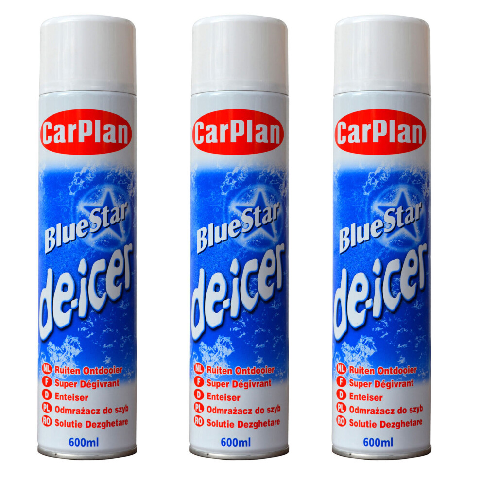 3 X CarPlan Blue Star De-Icer Aerosol 600ml Winter Car Windscreen Protect