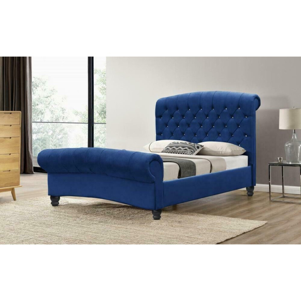 (Navy, Stella Mattress) 4ft6 Double Plush Velvet Diamante Chesterfield Sleigh Bed