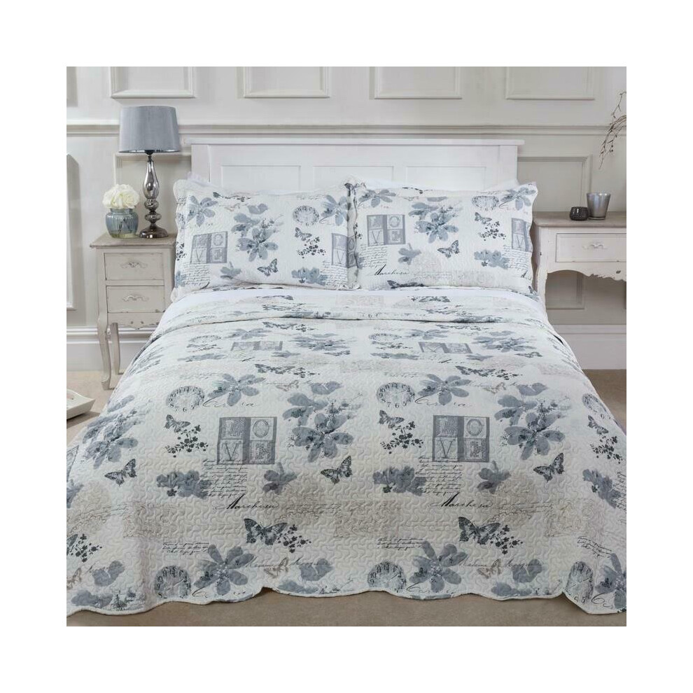 (Double) Wordsworth Bedspread Plus Pillow Sham Set, Quilted Patchwork Silver