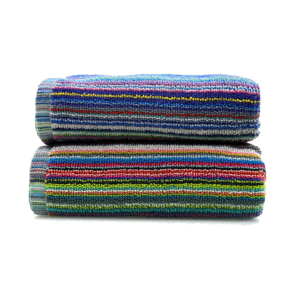 (2 x Bath Towels) 100% Cotton Colourful Remnant Stripe 2pk Towels Absorbent and Quick Dry 350gsm Lightweight