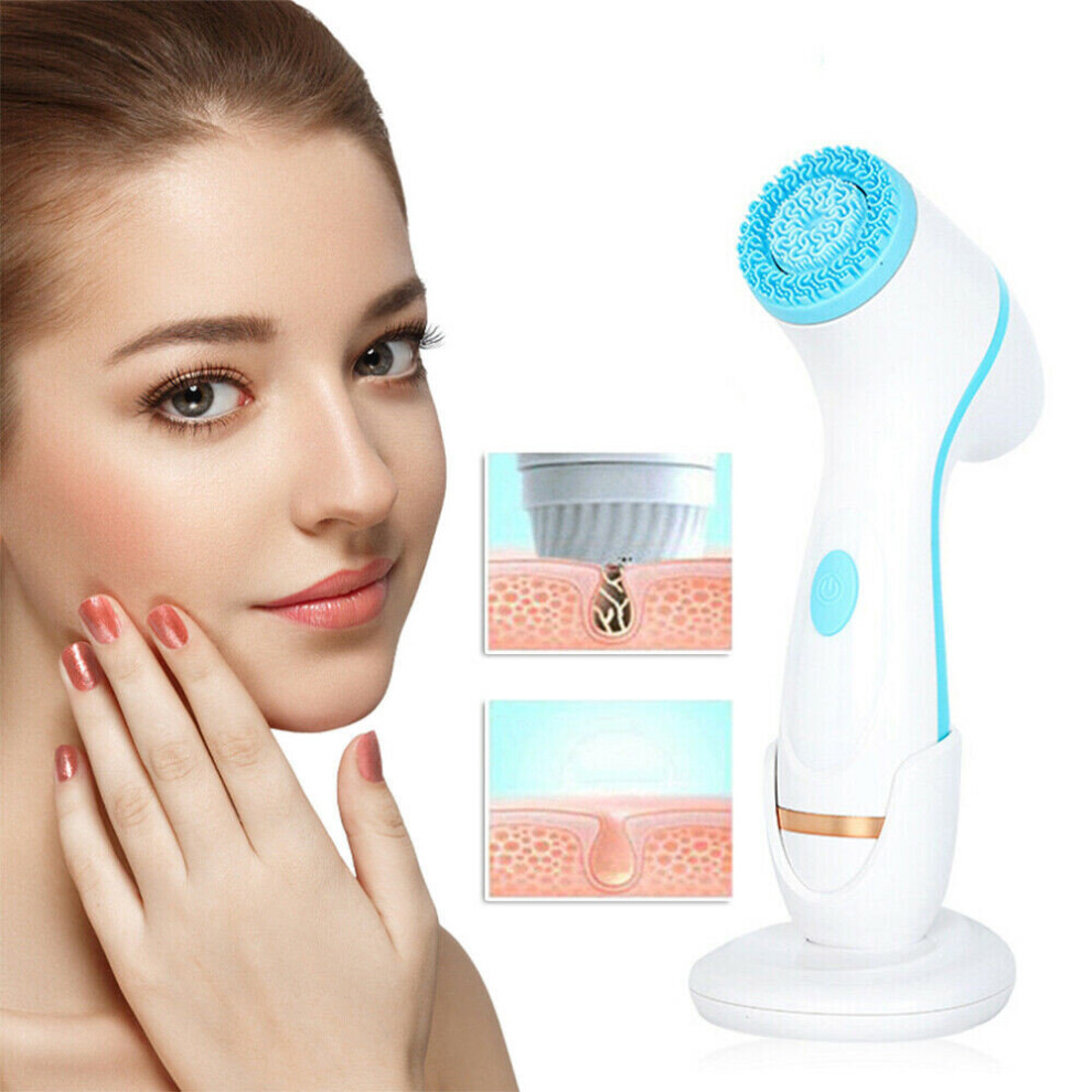 (Pink) Ultrasonic Electric Silicone Face Cleansing Brush Wave Facial Pore Cleaner Tool